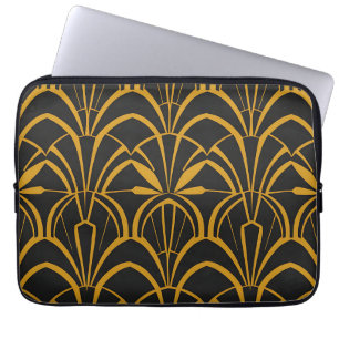 Klassisches Art Deco-Fan-Muster Schwarz Gold Brüll Laptopschutzhülle