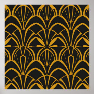 Klassisches Art Deco-Fan-Muster Schwarz Gold Brüll Poster