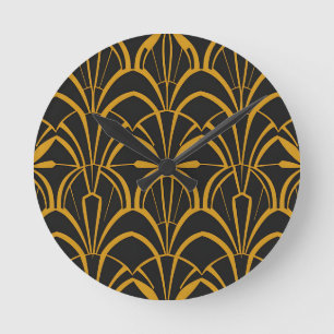 Klassisches Art Deco-Fan-Muster Schwarz Gold Brüll Runde Wanduhr