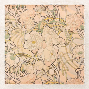 Klassisches Art Nouveau Pfingstrosen-Gartenmuster  Glasuntersetzer
