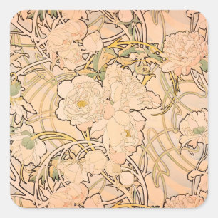 Klassisches Art Nouveau Pfingstrosen-Gartenmuster  Quadratischer Aufkleber