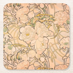 Klassisches Art Nouveau Pfingstrosen-Gartenmuster  Rechteckiger Pappuntersetzer