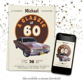 Klassisches Auto 60. Geburtstagsfeier Retro Vintag Einladung