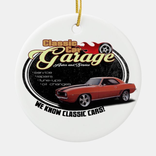 Klassisches Auto-Garagen-Rot Camaro Keramik Ornament (Vorne)