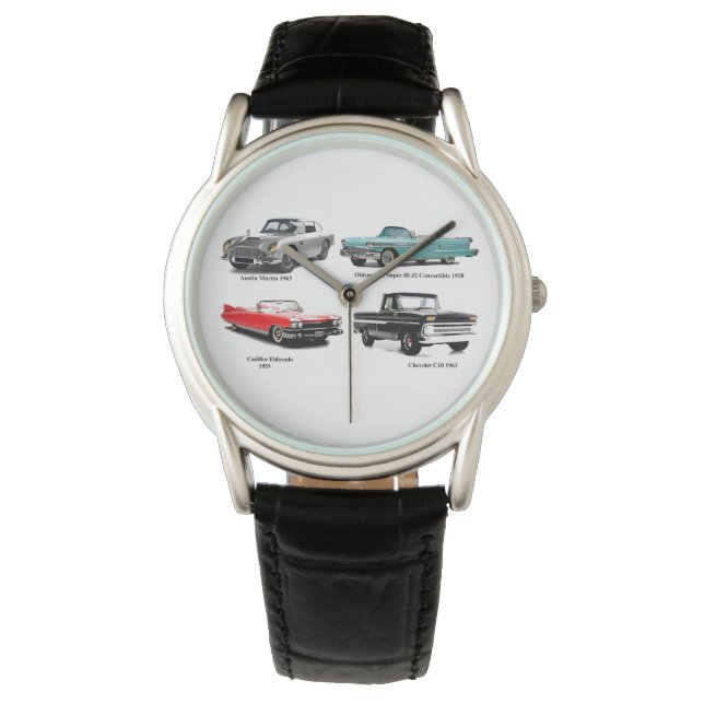 Klassisches Autobild Kronenschutz-Schwarz-Leder Armbanduhr (Vorderseite)
