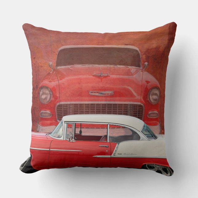 Klassisches Autos Chevy Bel Air Dodge-rotes weißes Kissen (Vorderseite)