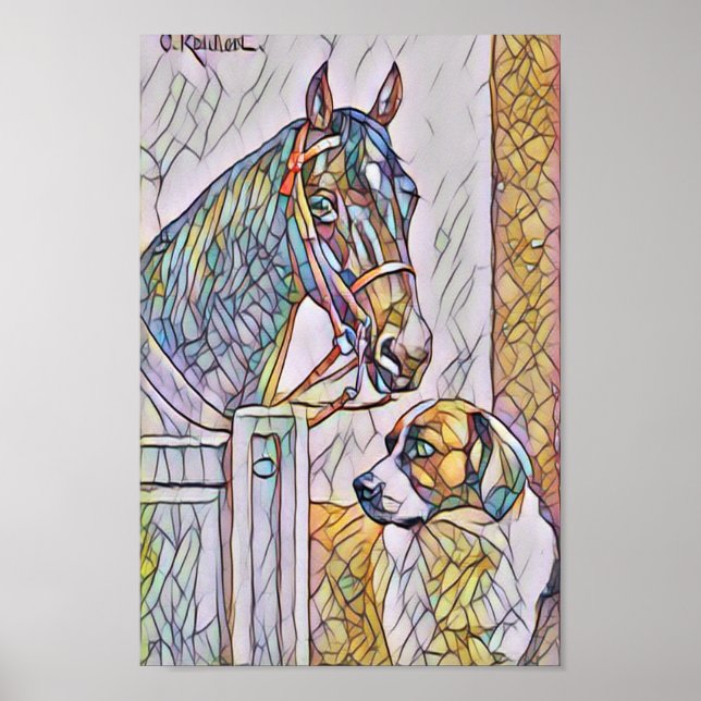 Klassisches Bild/Fleckglas von Pferd und Hund Poster (Vorne)