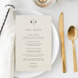 Klassisches Black & Ecru Monogram Wedding Menu<br><div class="desc">Teilen Sie Ihre Eheringsmenüs in elegantem Stil mit diesen monogramm Hochzeitsmenüs in warmen Elfenbeinecru mit Ihren Initialen in traditioneller Serifenschwarz Schrift,  geteilt durch eine dünne vertikale Linie. Passen Sie den Kopf und die Menüpunkte an,  die nach Kursen geordnet sind.</div>
