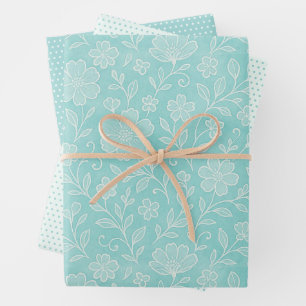 Klassisches Blatt-Blumenkunstmuster auf Aqua-Blau Geschenkpapier Set