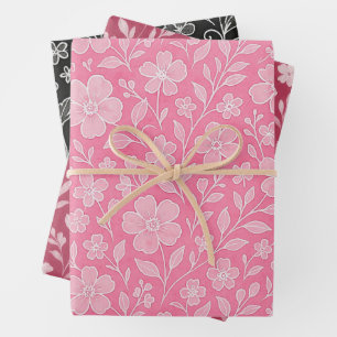 Klassisches Blatt-Blumenkunstmuster auf Rot-Schwar Geschenkpapier Set