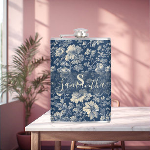 Klassisches Blau Französische Toile Blumen Blüten  Flachmann