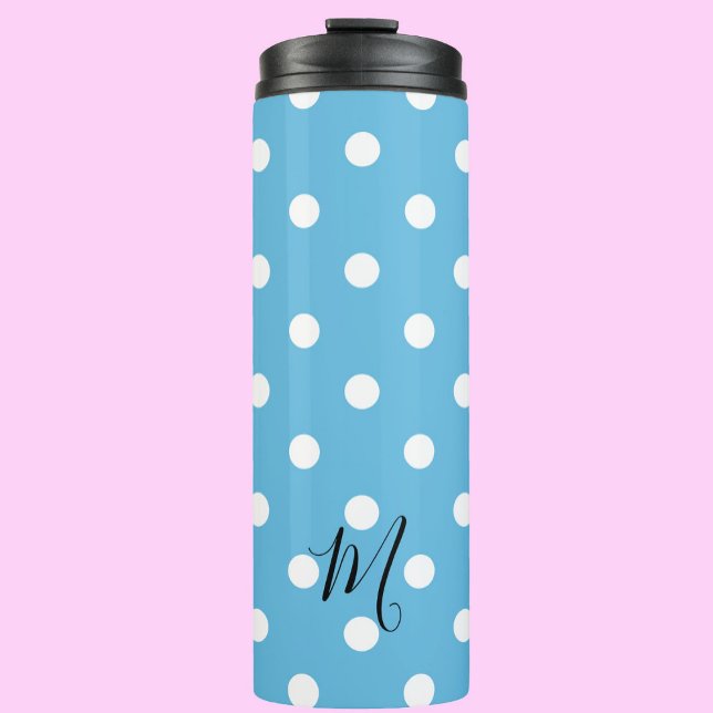 Klassisches Blau Punkte Muster Monogramm Thermosbecher (Von Creator hochgeladen)