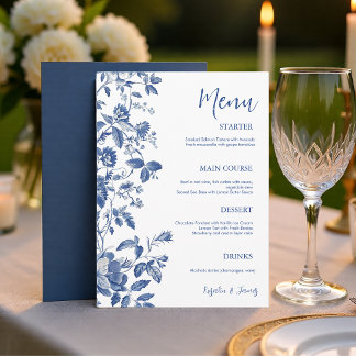 Klassisches Blau Toile Botanisches Hochzeitsdinner Menükarte