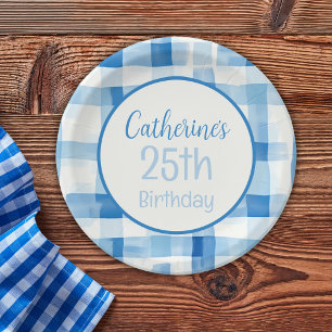 Klassisches Blau und Weiß Gingham Prüfmuster Pappteller
