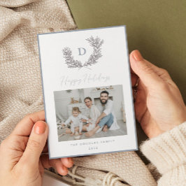 Klassisches Blau- und Weißes Monogramm-Wappen-Foto Feiertagskarte