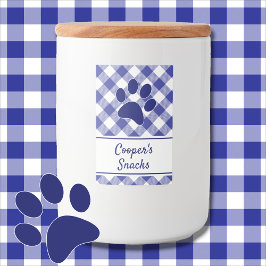 Klassisches Blau-Weiß-Gingham-Muster Pfoten-Name Lebensmitteletikett