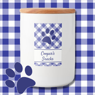 Klassisches Blau-Weiß-Gingham-Muster Pfoten-Name Lebensmitteletikett