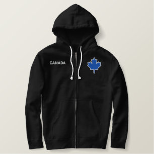 Klassisches blaues Ahornblatt auf Schwarzem Bestickter Hoodie