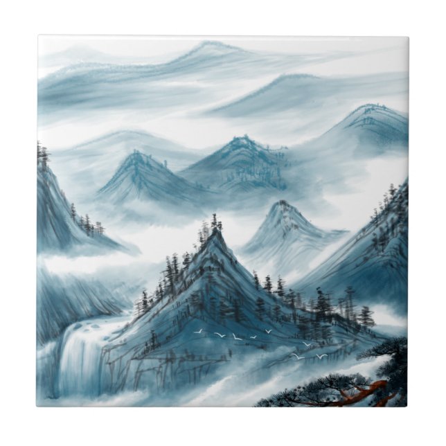 Klassisches Blaues Chinoiserie Malerei Fliese (Vorderseite)