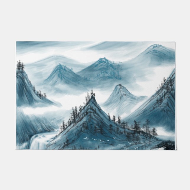 Klassisches Blaues Chinoiserie Malerei Fußmatte (Vorderseite)