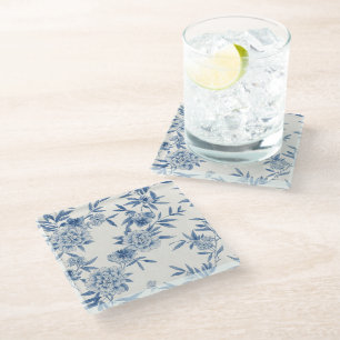 Klassisches blaues florales Toile-Wasserfarbmuster Glasuntersetzer
