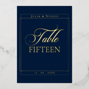 Klassisches blaues Rand-Hochzeitstisch-Nummernschi Folieneinladung