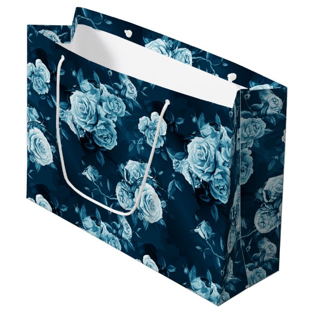 Klassisches blaues Rosen-Muster Große Geschenktüte (Vorderseite Schrägansicht)