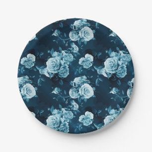 Klassisches blaues Rosen-Muster Pappteller