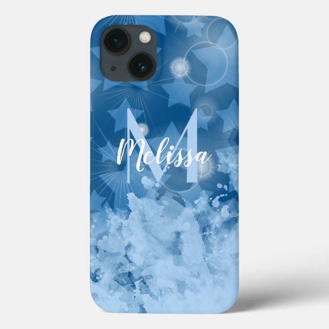 Klassisches Blaustars-Muster Moderner Monogramm-Na Case-Mate iPhone Hülle (Rückseite)