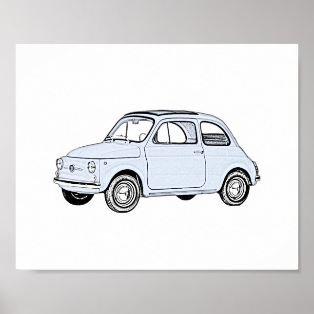 Klassisches Blue Fiat 500 Stift Rendering Poster (Vorne)