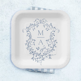 Klassisches Blue Floral Wappen Monogram Wedding Pappteller