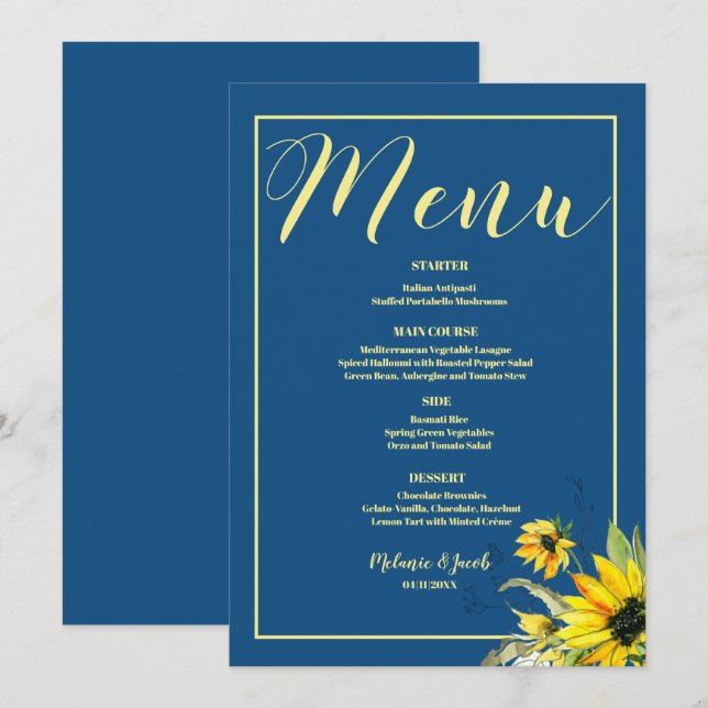Klassisches Blue Sunflower Hochzeitsmenü Menükarte (Vorne/Hinten)
