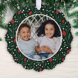 Klassisches Blumenrahmen Foto Weihnachten Grün Ornament Karte
