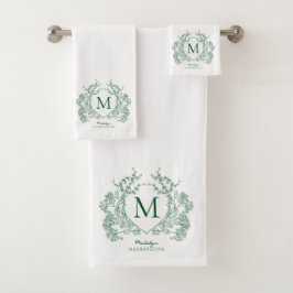 Klassisches botanisches grünes florales Wappen-Mon Badhandtuch Set