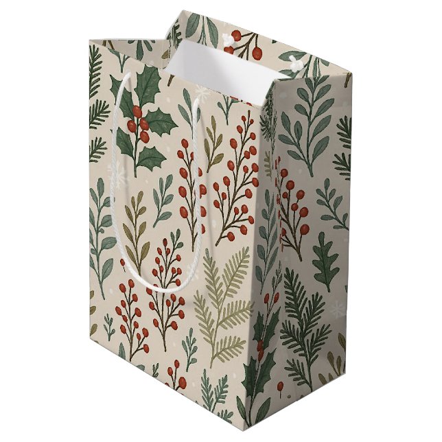 Klassisches botanisches Holly Berry Floral Art Mus Mittlere Geschenktüte (Rückseite Schrägansicht)