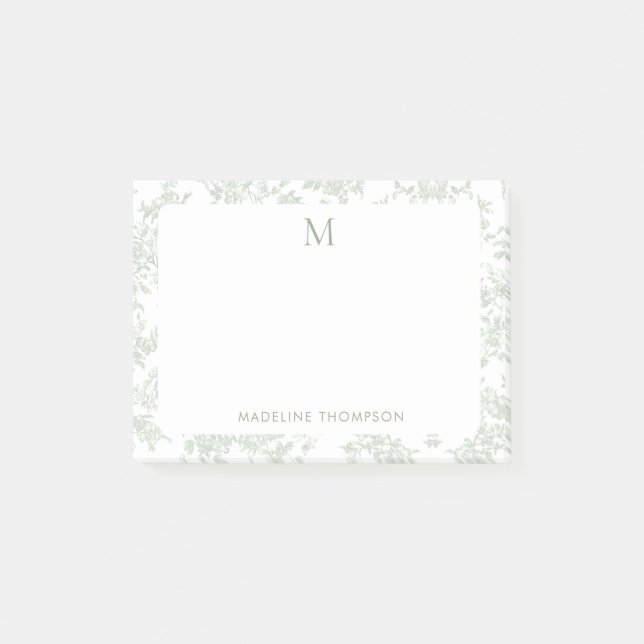 Klassisches botanisches Toile-Monogramm Salbeigrün Post-it Klebezettel (Vorderseite)