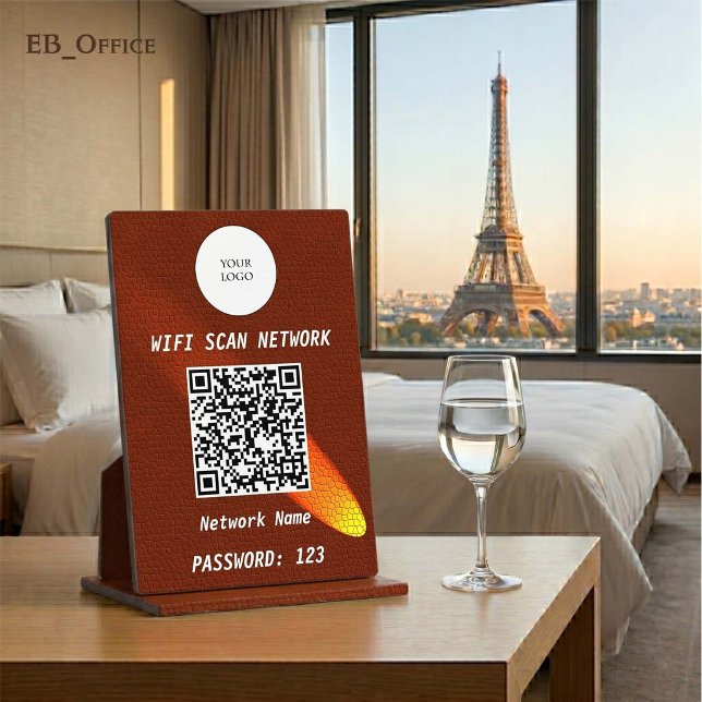 Klassisches braunes Leder im Tan-Look mit QR-Code- Fotoplatte (Luxury QR Code Wi-fi Tabletop Sign
& Logo
•	Brown Leather pattern
•	5” x 7”
)