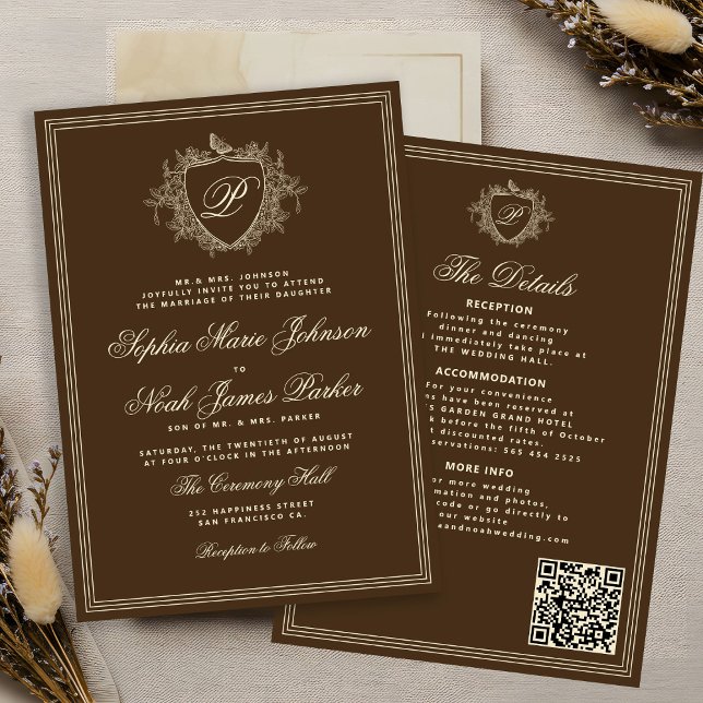 Klassisches braunes QR-Code-formales Monogramm-Hoc Einladung (Von Creator hochgeladen)