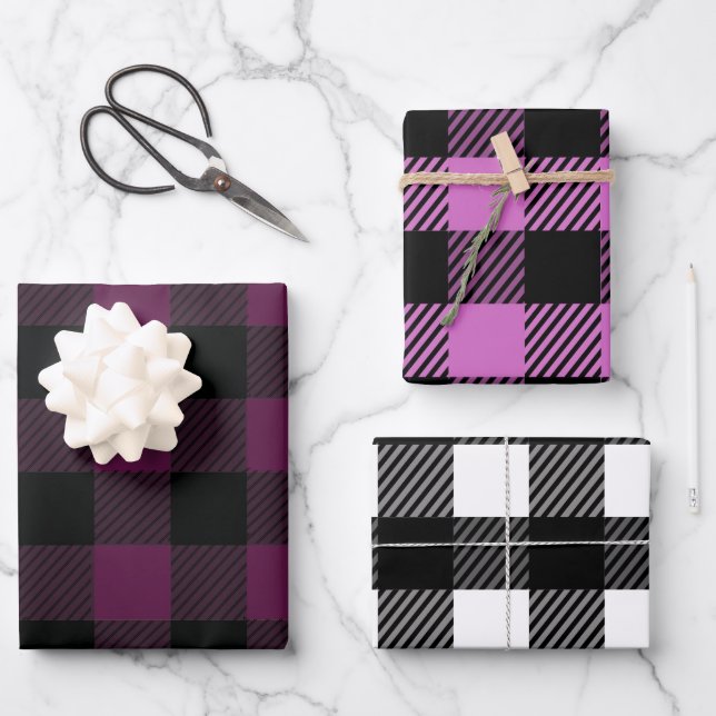 Klassisches Buffalo, Kariert rosa, Burgund, weiß Geschenkpapier Set (Vorderseite)