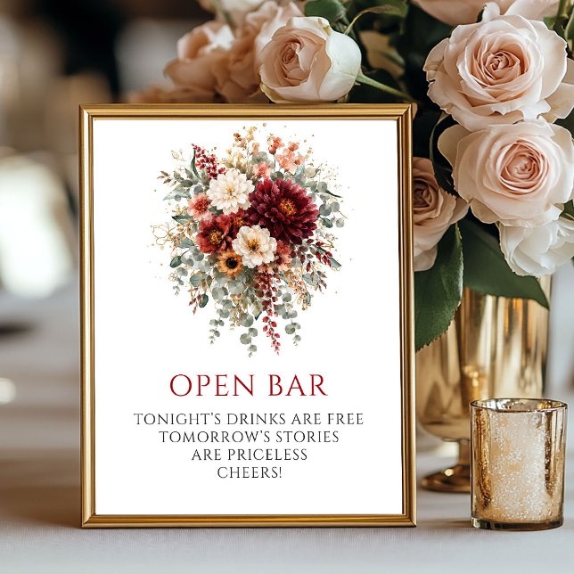 Klassisches burgunderrotes Herbst-Blumen-Open-Bar- Poster (Classic Burgundy Autumn Floral Open Bar Sign

)