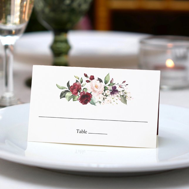 Klassisches Burgundy Blush Bouquet Wasserfarben Platzkarte (Classic Burgundy Blush Bouquet Watercolor Floral Place Card)