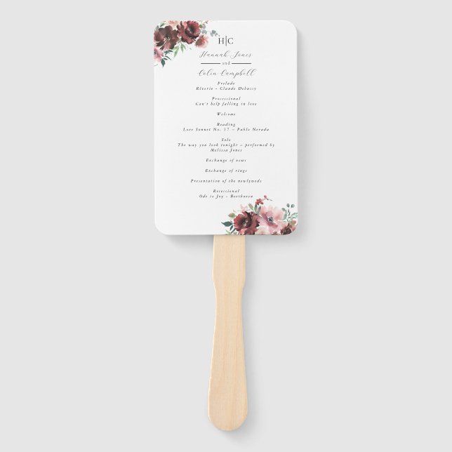 Klassisches Burgundy Blush Rose & Peony Programm Fächer (Vorderseite)