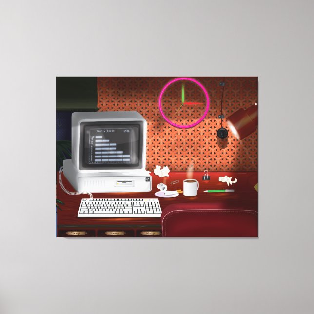 Klassisches Büro mit Computer in den 80er Jahren Leinwanddruck (Vorderseite)