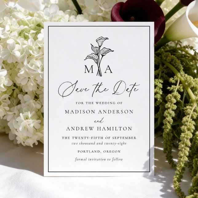 Klassisches Calla-Lilien-Monogramm-Hochzeit Save The Date (Von Creator hochgeladen)