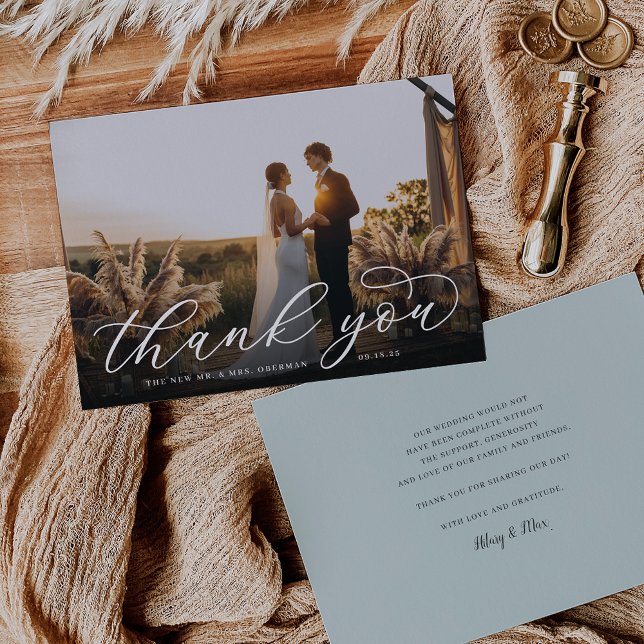 Klassisches Calligrafy Script-Hochzeitsskript-Foto Dankeskarte (Von Creator hochgeladen)