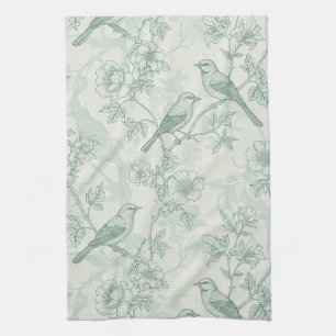 Klassisches Creme-Minz-Vogelgarten-Toile-Muster Geschirrtuch