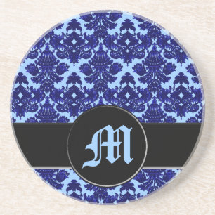 Klassisches Damast-Blau (Monogramm) Getränkeuntersetzer