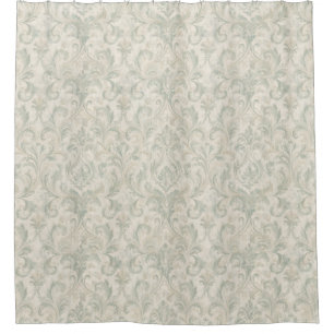 Klassisches Damastmuster Salbeigrün und Beige Duschvorhang