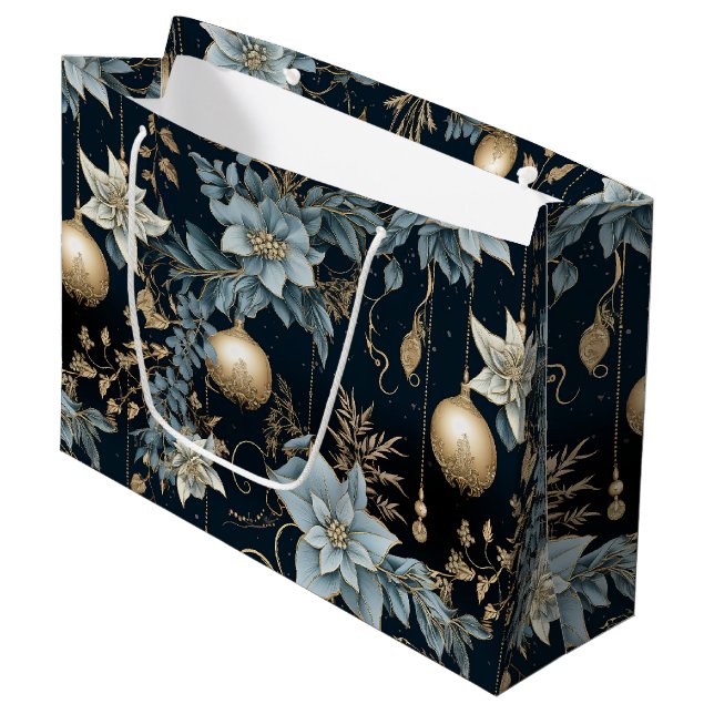 Klassisches dunkles Blau- und Golddekorationsmuste Große Geschenktüte (Vorderseite Schrägansicht)