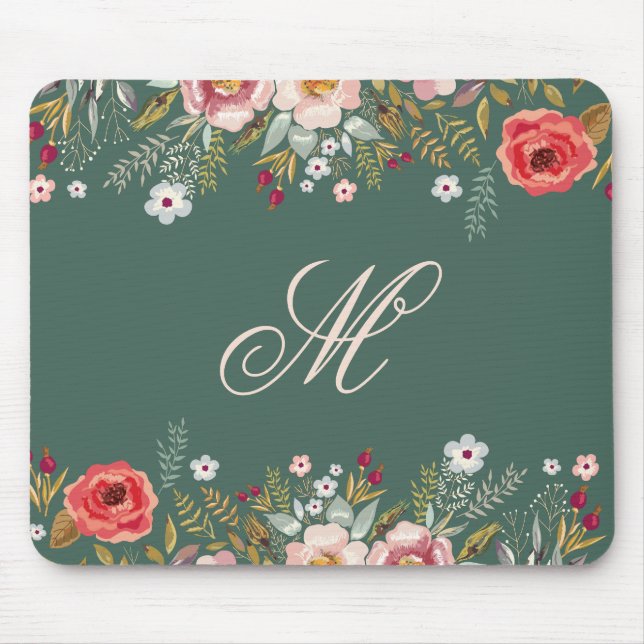 Klassisches dunkles Salbei-Grün Floral Custom Init Mousepad (Vorne)